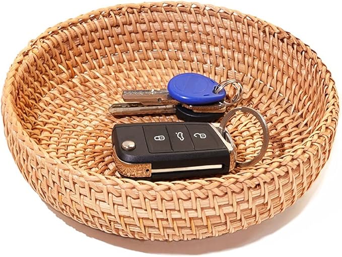 Small Round Keys Basket for Entryway Woven Baskets for Organizing Tabletop Decorative Wicker Organizer Basket for Keys Wallet Cell Phone for Fruit Candy Cracker