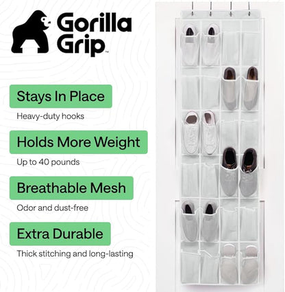 GORILLA GRIP Over the Door Shoe Organizer, 2 Pack, 24 Breathable Mesh Pockets, Space Saving Hanging Storage Holder, Closet Rack Hanger Holds Up to 40 lbs, Hangs on Closets, Shoes, Accessories, White