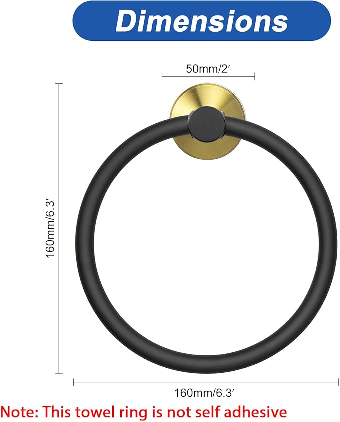 NearMoon Bath Towel Ring, Bathroom Hardware Accessories-Thicken Stainless Steel Hand Towel Holder for Bathroom, Modern Round Towel Hanger Wall Mounted (Black and Gold, 1 Pack)