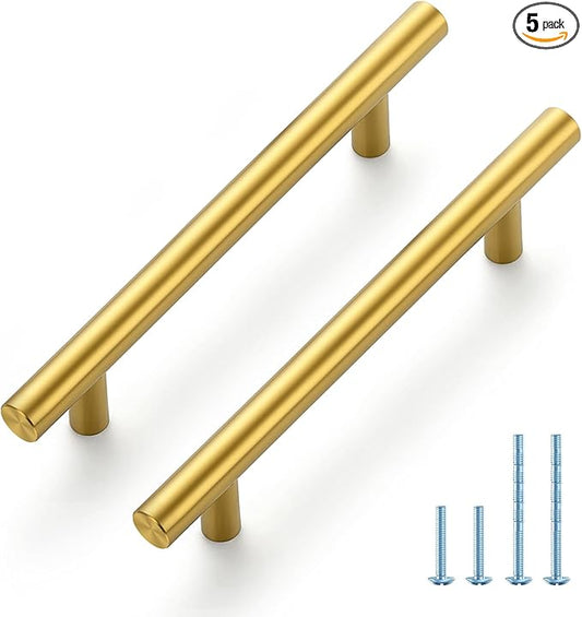 JOY DECOR 5 Pack 6 Inch Cabinet Pulls Kitchen Cabinet Handles with 3-3/4 Inch Hole Center Brushed Brass Cabinet Hardware Stainless Steel Kitchen Drawer Pulls for Cabinets Cupboard, 96mm Hole Centers