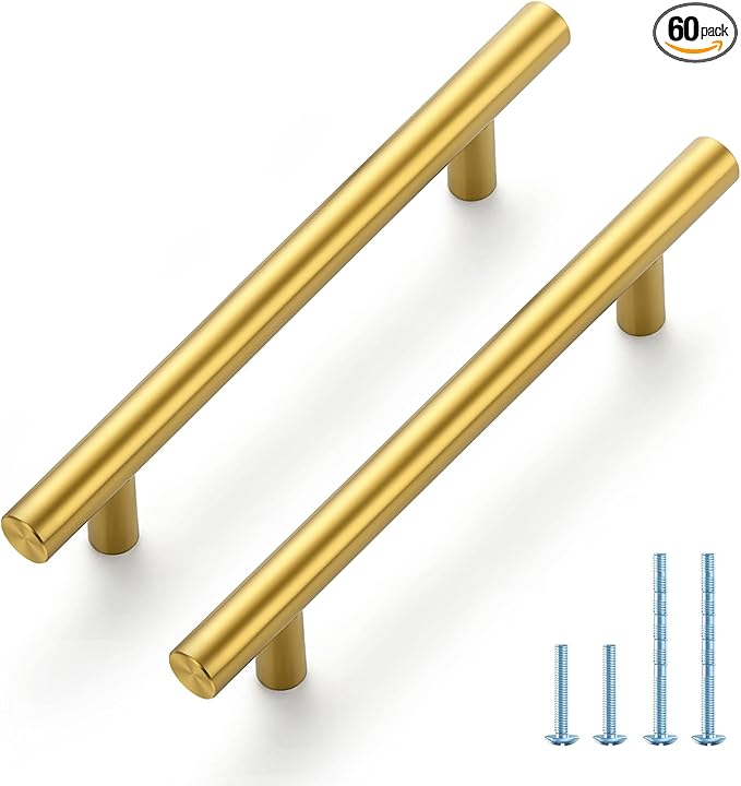JOY DECOR 60 Pack 6 Inch Cabinet Pulls Kitchen Cabinet Handles with 3-3/4 Inch Hole Center Brushed Brass Cabinet Hardware Stainless Steel Kitchen Drawer Pulls for Cabinets Cupboard, 96mm Hole Centers