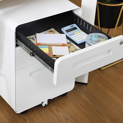 GarveeHome 3 Drawer Mobile File Cabinet with Lock, Under Desk Metal Filing Cabinet for Home Office, Under Desk Storage with 5 Wheels for A4/Letter/Legal Size, Fully Assembled