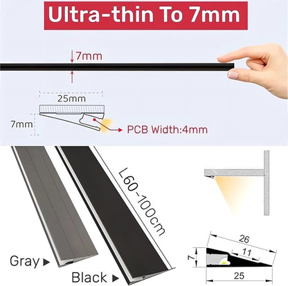 JARBIH 5Pack 1M/3.3ft Ultra-Thin Led Aluminum Profile, 45° Oblique Lighting Cabinet LED Lamp, Invisible H7mm Surface Mounted Wardrobe Layer Shelf Panel Hard Bar Strip Light Channel System(Gray)