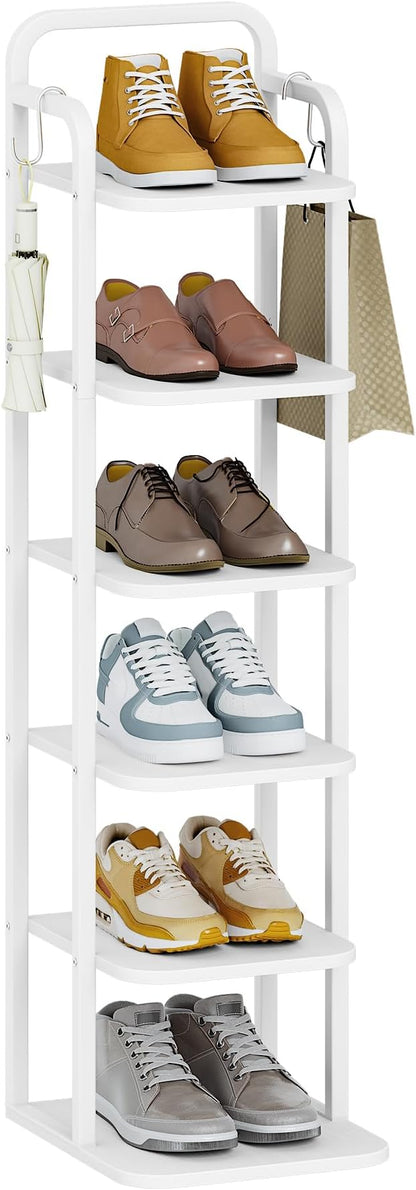 6 Tiers Vertical Shoe Rack, Narrow Shoe Tower, Tall Shoes Shelf with 2 Hooks, Adjustable Shelves, Corner Shoes Shelves for Small Spaces, Entryway, Living Room, White SR04213W