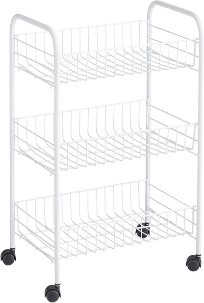 Rubbermaid 3-Tier Shelving Wheeled Organizer, Wire Adjustable Metal Storage Cart, for Office/Kitchen/Bedroom/Laundry Home Use, White
