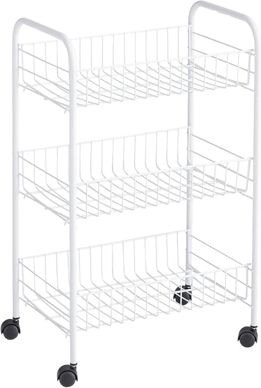 Rubbermaid 3-Tier Shelving Wheeled Organizer, Wire Adjustable Metal Storage Cart, for Office/Kitchen/Bedroom/Laundry Home Use, White