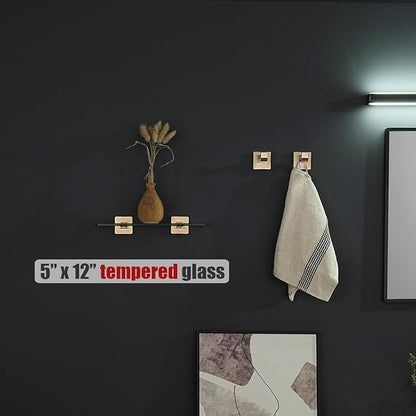 JQK Bathroom Glass Shelf, Tempered Glass Shower Storage 12 by 5 inches, 304 Stainless Steel Champagne Bronze Wall Mount, TGS201L12-CB