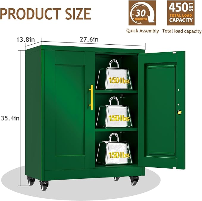 35" Metal Storage Cabinet with Lock and Wheels, Lockable Office File Cabinet with 2 Doors and 2 Adjustable Shelves, Rolling Steel Tool Garage Cabinets for Home Office (Green)