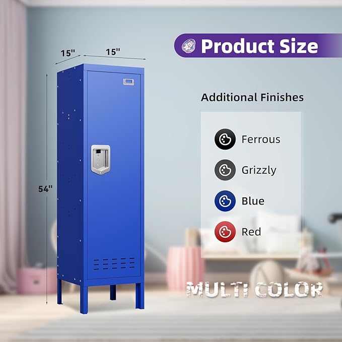 Metal Storage Locker with Lock & Card Slot Locker - Secure Lockable Door - Steel Locker for School, Office, Gym, Home - 54" H x 15" W x 15" D（1 Door, Blue）