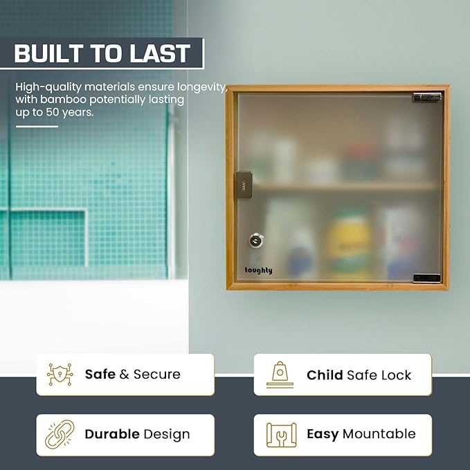 Toughty Bamboo Locking Medicine Cabinet - Wall Mount Lockable Medical Storage Box w/Key Lock - Secure Durable Organizer for Medication, First Aid & Supplies - for Bathroom or Home - 12x13x5 Inches