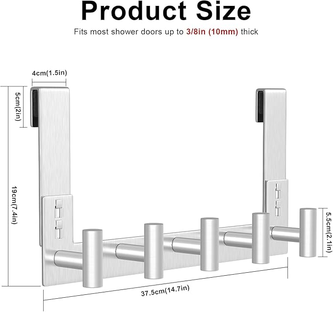PMMASTO Shower Door Hooks, (7.5 Inch) Extended Towel Hook for Bathroom Frameless Glass Shower Doors, Stainless Steel Heavy Duty Holder for Hanging Robe,Towel (Silver 5 T-Hooks-Fits 3/8" Thick Door)