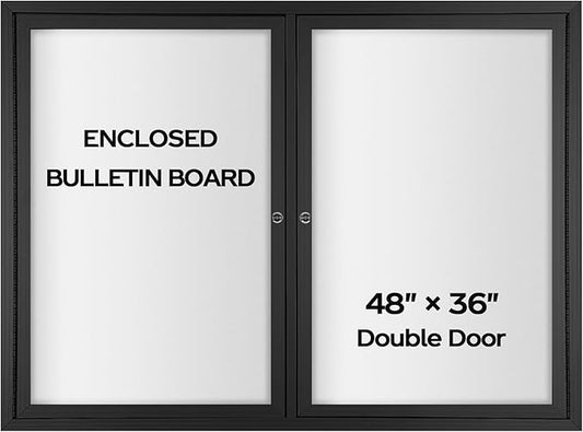 INNOVART Enclosed Bulletin Board 48”x36”, Lockable Dry Erase Noticeboard with Black Aluminum Frame, Outdoor Enclosed Whiteboard Weatherproof, Wall Display Case with Swing-Open Door Information Cabinet