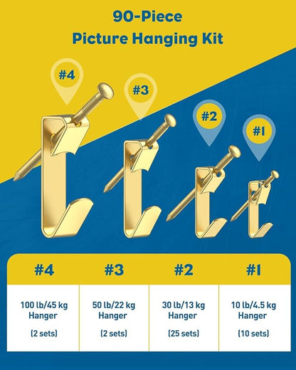Uniclife 90 Pcs Picture Hanging Kit, 10 lb, 30 lb, 50 lb, 100 lb Heavy Duty Picture Hangers for Drywall & Wood, Picture Hanging Hooks, Frame Hooks for Hanging Photos Mirrors Paintings