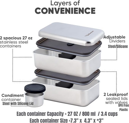 Leak Proof Stainless Steel Bento Box, Stainless Steel Lunch Box For Adults, Metal Bento Box, Japanese Lunch Container, Large With Compartment, Korean Bentobox, Non Toxic, Microwave Safe