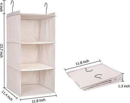 Hanging Closet Organizer, Easy Mount Foldable 3-Shelf Hanging Closet Wardrobe Storage Shelves, Clothes Handbag Shoes Accessories Storage, Imitation Linen Fabric, Beige Houndstooth
