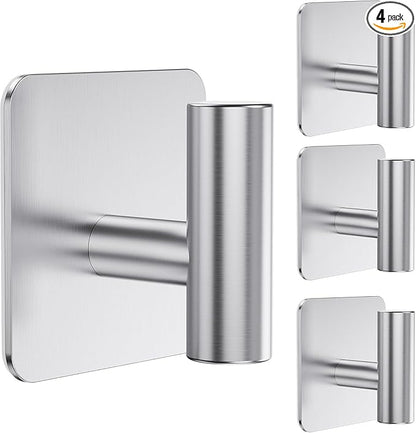 4 Pack Large Heavy Duty Wall Hooks - 26lb Max, Stainless Steel Adhesive Towel Hook, Shower Hooks for Hanging Towel, Coat, Robe, Wall Hook for Use in Bathroom, Kitchen and Door