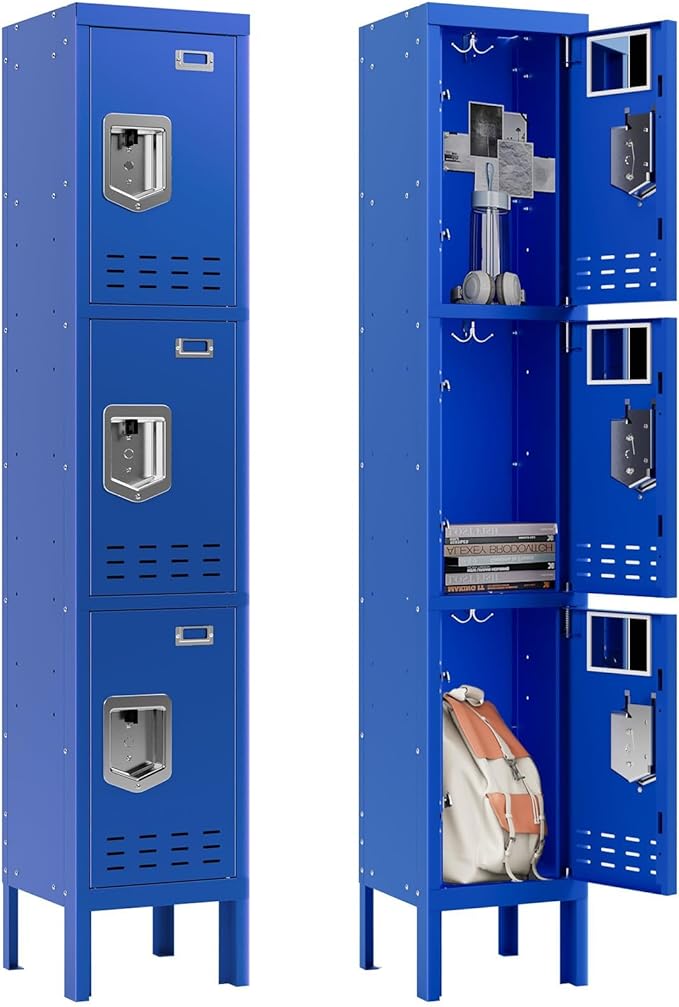 Metal Storage Locker with Lock & Card Slot Locker - Secure Lockable Door - Steel Locker for School, Office, Gym, Home - 66.15" H x 11.8" W x 11.8" D（3 Door, Blue）