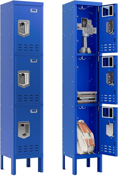 Metal Storage Locker with Lock & Card Slot Locker - Secure Lockable Door - Steel Locker for School, Office, Gym, Home - 66.15" H x 11.8" W x 11.8" D（3 Door, Blue）