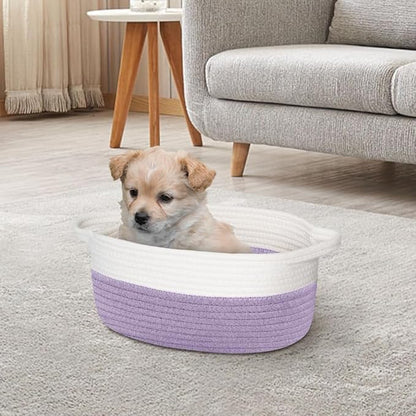 Woven Cotton Rope Gift Basket, Small Baskets for Gifts Empty, Cute Baby Nursery Basket, Pet Toy Storage Bin for Dog Cat, Decorative Wicker Home Organizer with Handles, 12"x 8"x 5", Purple