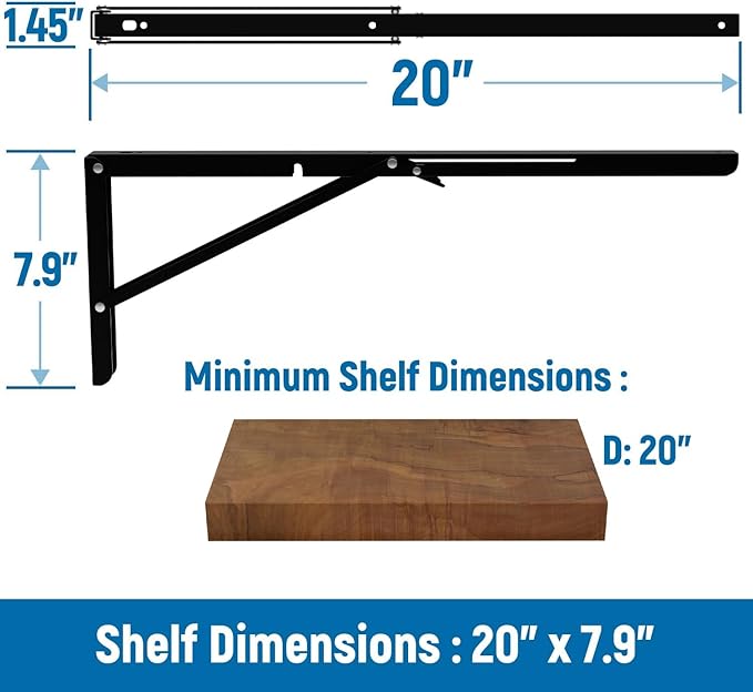 LEOPO 20 inch Folding Shelf Brackets-2 Pack Foldable Heavy Duty Triangle Collapsible Wall Mounted Brackets for Fold Down Table, Space Saving for Bench Table with Screws, Black