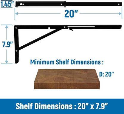 LEOPO 20 inch Folding Shelf Brackets-2 Pack Foldable Heavy Duty Triangle Collapsible Wall Mounted Brackets for Fold Down Table, Space Saving for Bench Table with Screws, Black
