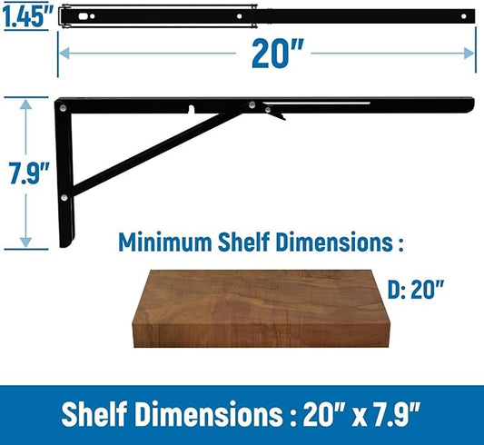 LEOPO 20 inch Folding Shelf Brackets-2 Pack Foldable Heavy Duty Triangle Collapsible Wall Mounted Brackets for Fold Down Table, Space Saving for Bench Table with Screws, Black