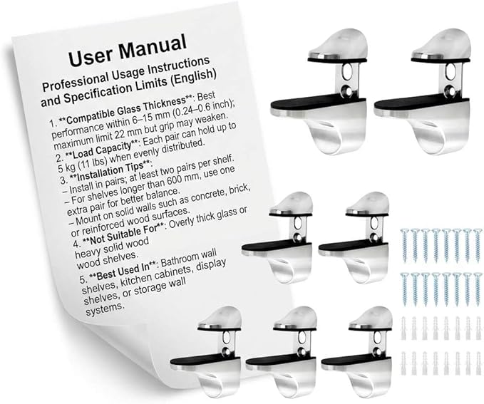QWORK Adjustable Zinc Alloy Glass Shelf Brackets 8 Pack – Stable Support for Bathroom, Kitchen & Display Shelving