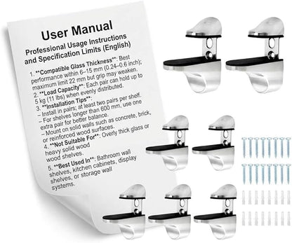 QWORK Adjustable Zinc Alloy Glass Shelf Brackets 8 Pack – Stable Support for Bathroom, Kitchen & Display Shelving