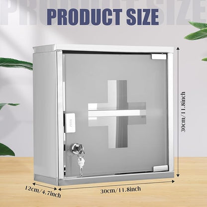 Timgle First Aid Wall Cabinet with Lock Medicine Wall Mounted Bathroom Storage Hanging Medical Cabinet with Safety Glass Door for Bathroom(2 Shelves,Silver)