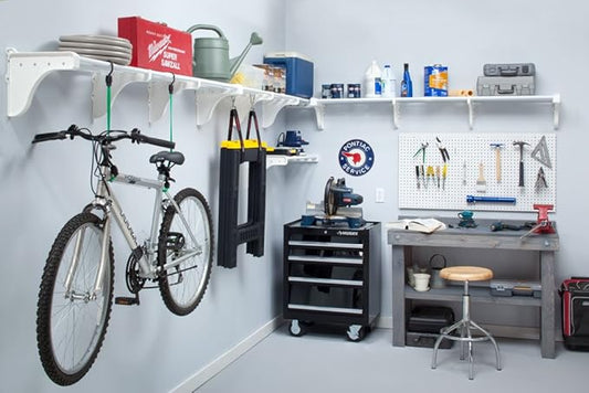 EZ Shelf-Expandable-Garage Shelf- -White- Easy to Install -Strong (up to 250 Lbs)- Wire Shelving Alternative –Wall Mounted Garage Shelf Organizer (White, 40.5"-290")