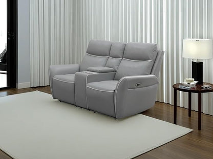 Power Sectional Recliner Loveseat, Breathing Leather Living Room Furniture Sets, Sliver Grey Reclining Loveseat with 2 Recliner Seats/Cup Holders/Storage Console for Apartment/Rv Car/Office