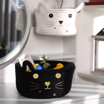 Zopeal Cat Basket Storage Woven Organizer with Ears Easter Decorative Gift Pet Toy Cute Cotton Rope Basket for Gift Cat Dog Toy Bin Nursery Room(8.3 x 4.7 Inch,Black)