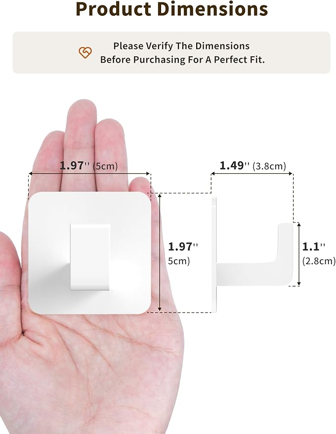 Square Self Adhesive Towel Hooks - 2 Pack Matte White Metal Hooks, Right-Angle Design for Towels, Robes & Hats, Organize Bathroom, Kitchen, Entryway, Doors, Cabinets on Smooth Surfaces