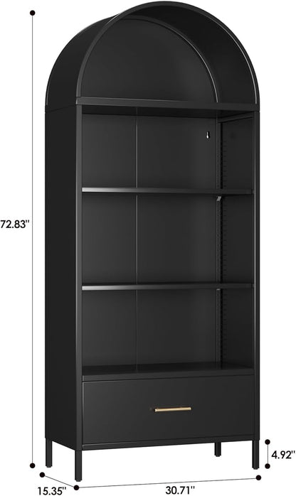 Metal Arched Bookcase Cabinet with 2 Adjustable Shelf, Black Arched Bookshelf with Drawer for Home Office Living Room,Required Assembly