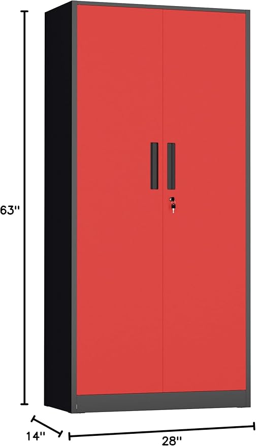 INTERGREAT Metal Storage Cabinet with Lock, 63" H Metal Cabinets Storage with 2 Doors and 4 Adjustable Shelves, Locking Garage Cabinet for Home Office, Kitchen, Bathroom (Black Red)