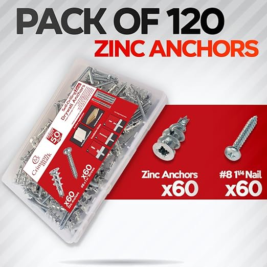 120Pcs Zinc Self Drilling Drywall Anchors and Screws kit #8 x 1-1/4”- Metal Wall Anchors for Drywall Heavy Duty, Holds Upto 50lbs – No Drill Hole Required with Dry Wall Screws and Anchors