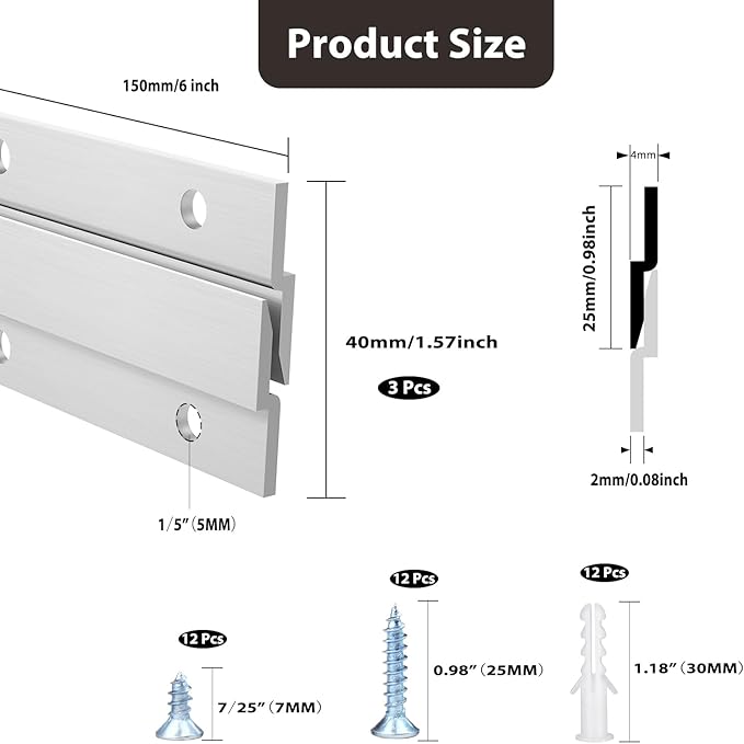 French Cleat Picture Hanger, Aluminum Z Hanger Interlocking Wall Mounting Bracket Hardware Kit Z Clips for Hanging Wall Painting, Mirrors, Panels, Artwork, Cabinet, Whiteboard (6inch-3Pairs)