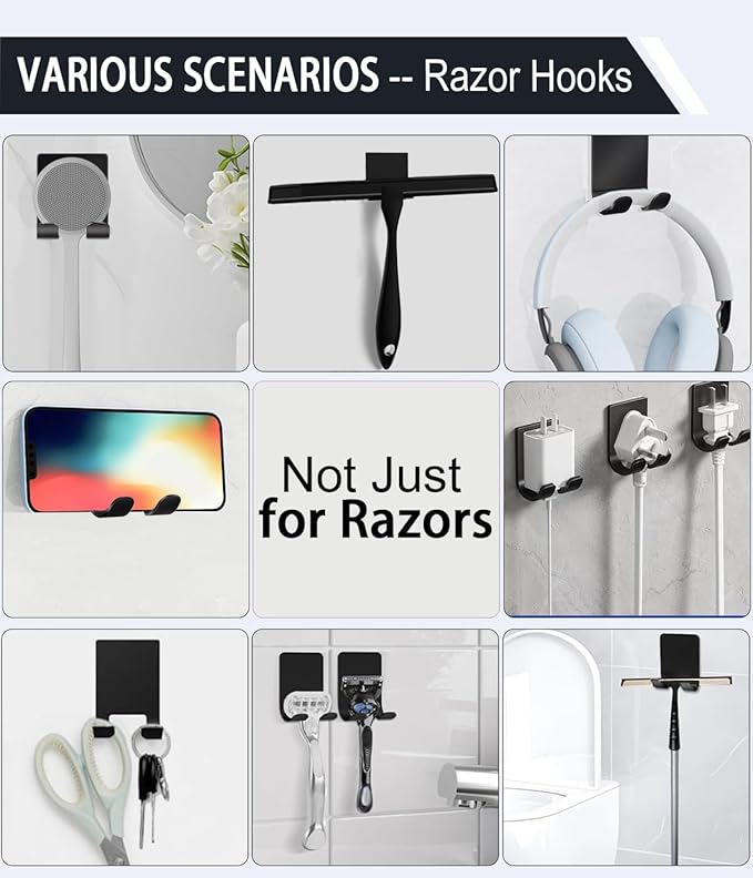 2 Razor Holder for Shower and 6 Adhesive Hooks with Removable Strips，Towel Hooks for Hanging，Wall Hooks for bathrooms，Removable Damage-Free Metal Shaver Holder，for Stockings，Decor，Robe