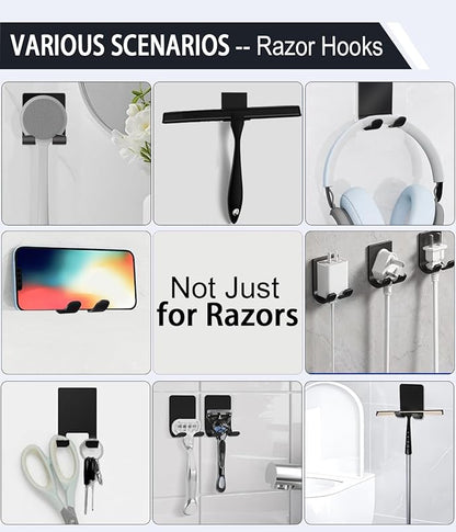 2 Razor Holder for Shower and 6 Adhesive Hooks with Removable Strips，Towel Hooks for Hanging，Wall Hooks for bathrooms，Removable Damage-Free Metal Shaver Holder，for Stockings，Decor，Robe