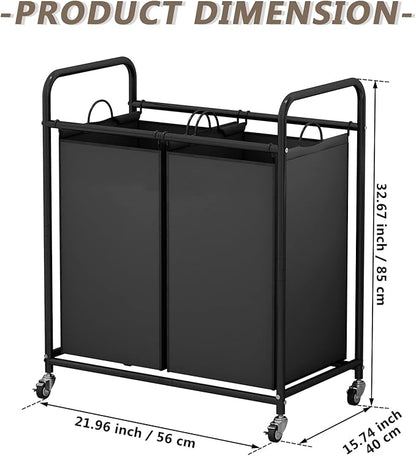 SUOERNUO Laundry Hamper Basket 2 Bag Laundry Sorter Cart with Rolling Lockable Wheels and Removable Bags Laundry Organizer Cart for Clothes Storage, Black