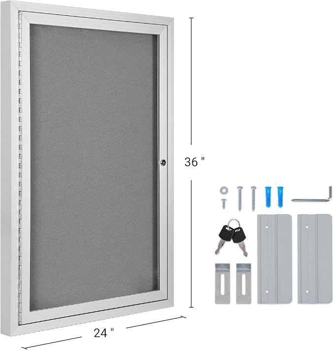 INNOVART Enclosed Bulletin Board 36” x 24”, Lockable Fabric Noticeboard with Aluminum Frame, Wall Display Case with Swing-Open Door Grey Felt, Information Cabinet for School, Office, Commercial, etc