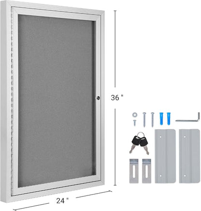 INNOVART Enclosed Bulletin Board 36” x 24”, Lockable Fabric Noticeboard with Aluminum Frame, Wall Display Case with Swing-Open Door Grey Felt, Information Cabinet for School, Office, Commercial, etc