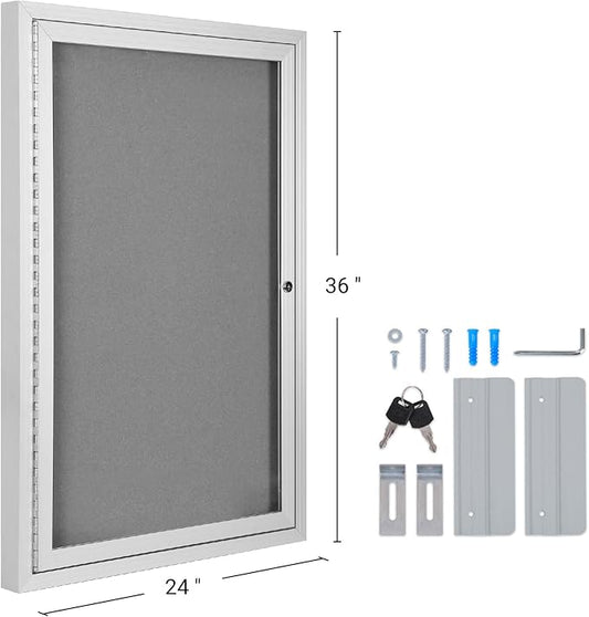 INNOVART Enclosed Bulletin Board 36” x 24”, Lockable Fabric Noticeboard with Aluminum Frame, Wall Display Case with Swing-Open Door Grey Felt, Information Cabinet for School, Office, Commercial, etc