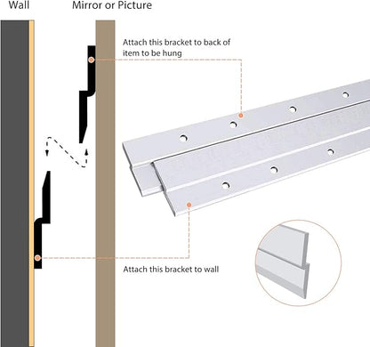 French Cleat Picture Hanger 6 Inches Aluminum Z Hanger Supports 30lbs - Interlocking Wall Mounting Bracket Hardware Kit for Hanging Mirrors, Picture, Shelf, Whiteboard, Art, Frames (6"-6Pairs)