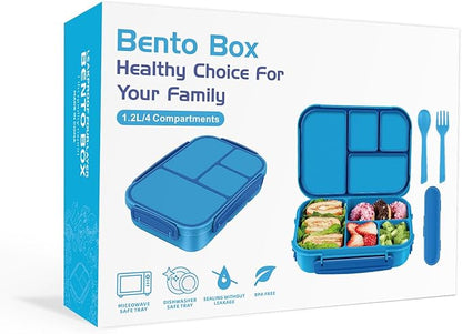 Lunch Box Kids,Bento Box Adult,Leakproof Lunch Containers for Adults/Kids/Toddler,1200ML-4 Compartments bento Lunch box with Utensil,Microwave & Dishwasher & Freezer Safe (Blue)