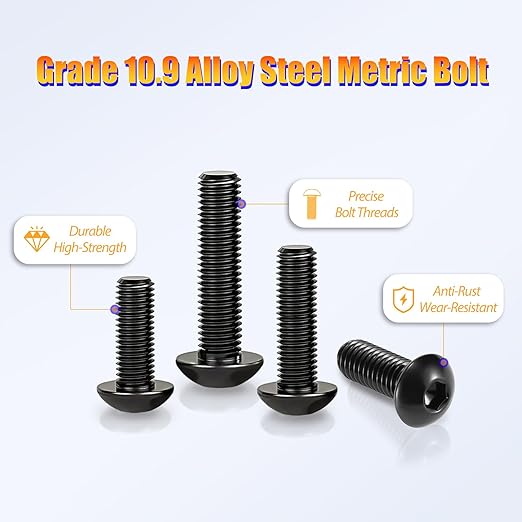Kadrick Metric Screw Assortment, 1000PCS Metric Bolt Assortment Kit M2.5 Machine Screws with Lock & Flat Washers, Grade 10.9 Alloy Steel Hex Socket Button Head Black Screws Nuts and Bolts Kit