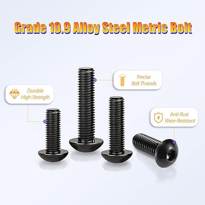 Kadrick Metric Screw Assortment, 1000PCS Metric Bolt Assortment Kit M2.5 Machine Screws with Lock & Flat Washers, Grade 10.9 Alloy Steel Hex Socket Button Head Black Screws Nuts and Bolts Kit