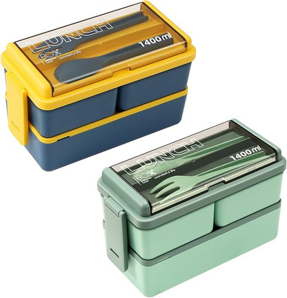 2 Pack Bento Box Adult Lunch Box,49OZ Leakproof Eco-Friendly Stackable Bento Lunch Box Meal Prep for Dining Out, Work, Picnic, School (green+blue)