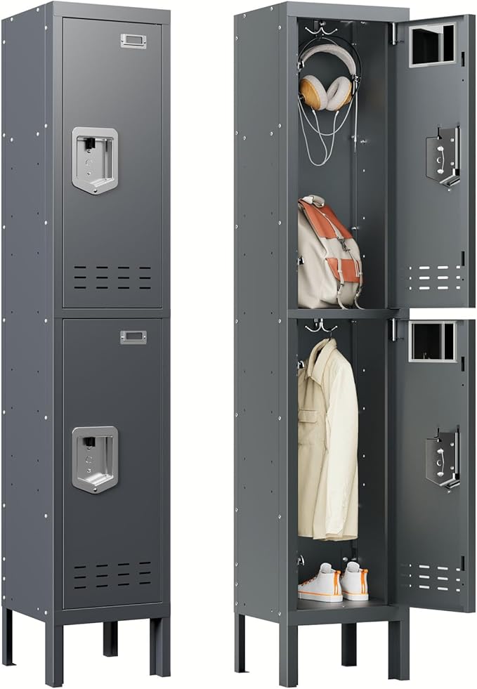 Metal Storage Locker with Lock & Card Slot Locker - Secure Lockable Door - Steel Locker for School, Office, Gym, Home - 66.15" H x 11.8" W x 11.8" D（2 Door, Grey）