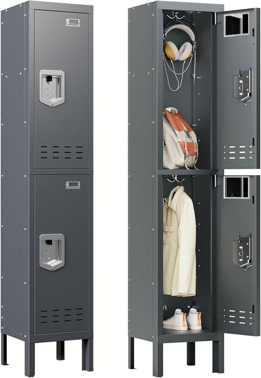 Metal Storage Locker with Lock & Card Slot Locker - Secure Lockable Door - Steel Locker for School, Office, Gym, Home - 66.15" H x 11.8" W x 11.8" D（2 Door, Grey）